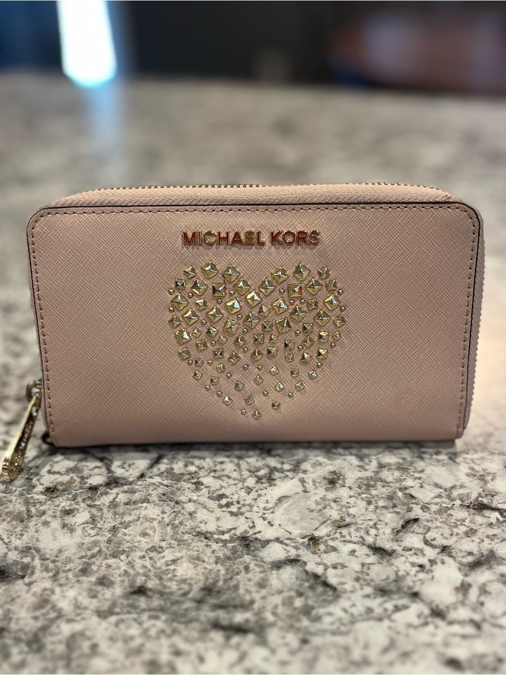 Michael Kors Blush Pink Studded Heart Zip-Around Wallet - Picture 3 of 13